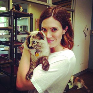 Mandy Moore snuggles with a cat at Maxfund. Photo used with permission from Untitled Management